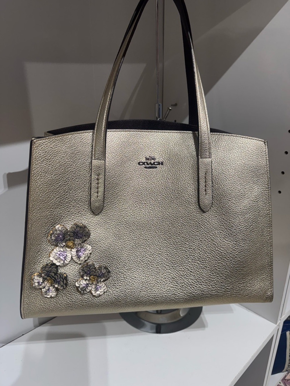 Coach Charlie 28 Metallic Gold Leather Tote with Floral Appliqués - Picture 2 of 4